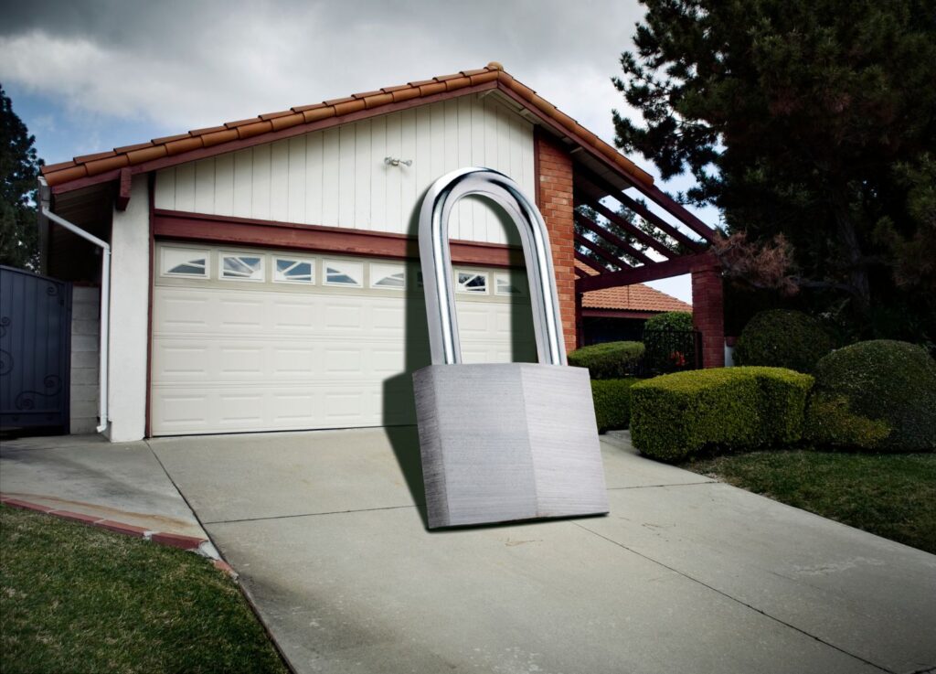 a home with a giant lock in front of it